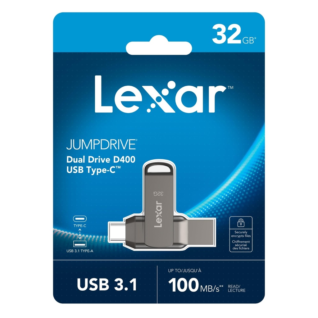 [Lexar D400] Lexar®Dual Drive-D400 Type-C/Type-C & Type-A, up to 100MB/s read (USB 3.1) 32GB 