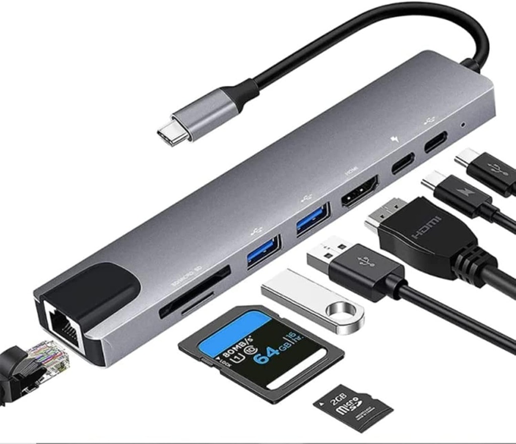 TYPEC TO HD 8 in 1 ZERO HDMI PD 2 USB SD TF Rj45 Compatible with Linux, Windows