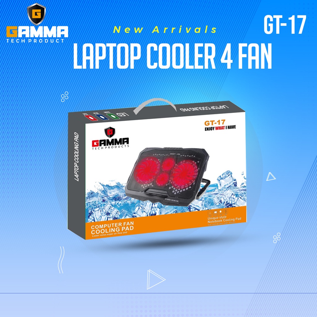 Gamma GT-17 Laptop Cooling Fan, 4 Fan, Supports Up to 17 Inch Laptop, LED Light, Black