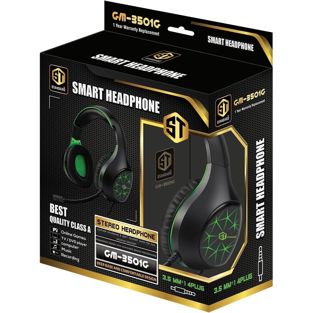ST-Standard GM-3501G Gaming Stereo Headphone 3.5mm with Mic For PC / Mobile / PS4 / Xbox One / Switch - Green/Black, Wired 