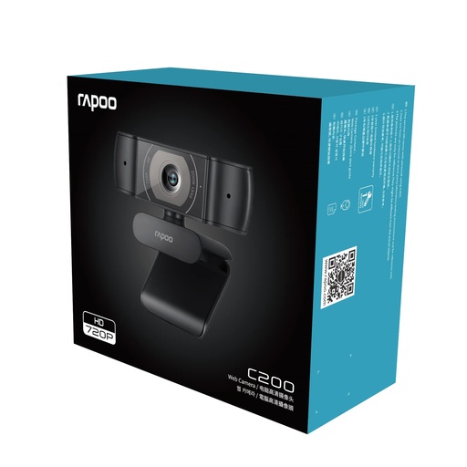 كاميرا ويب Rapoo C200 ‏720p عبر USB بميكروفونين لتقليل الضوضاء، أسود