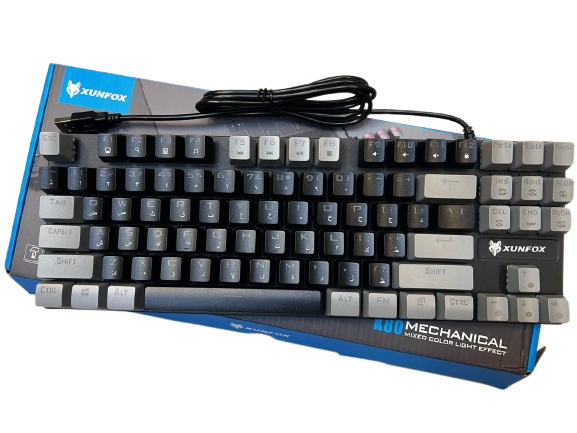Xunfox K80 Gaming Keyboard - Blue Mechanical Switch – Rainbow backlight – 87 Keys TKL Size – Double Color keycaps – ( Arabic & English Keys )  (BLACK)