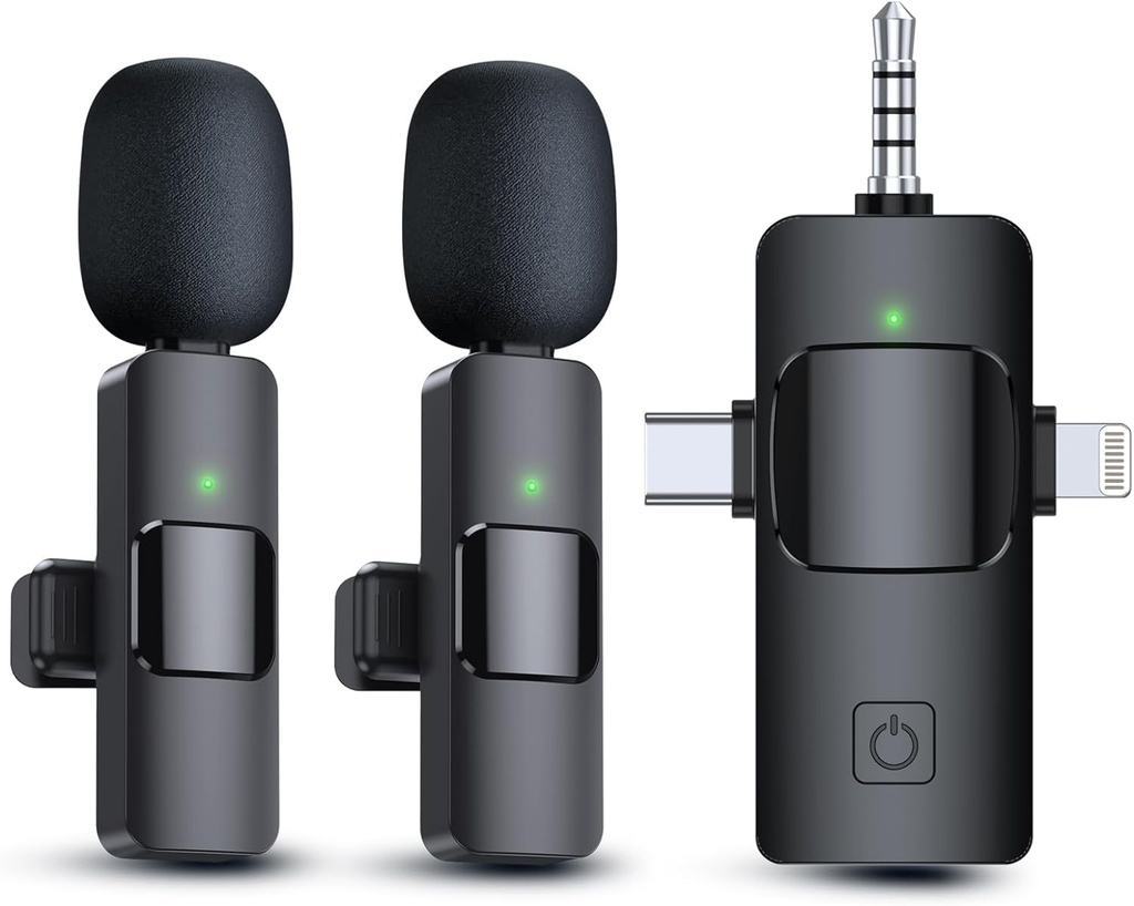طقم ميكروفون Lavalier لاسلكي 3 في 1 مع مستقبل USB-C