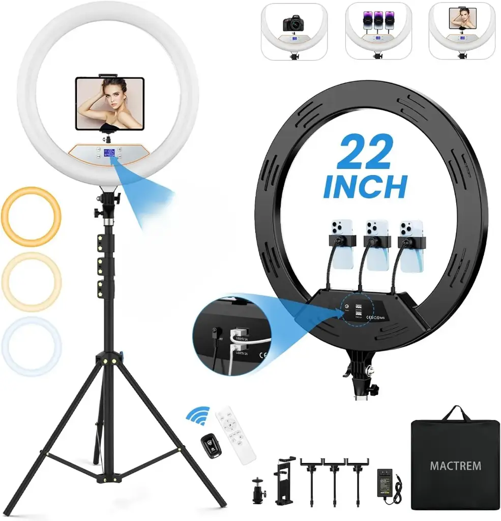 22'' Ring Light with 75'' Tripod Stand, LED Display/2 USB Ports/6500K Dimmable Ring Light for ipad Phone Holder for Tattoo Lash Live Makeup Video Recording TikTok Barber Stylist Photography
