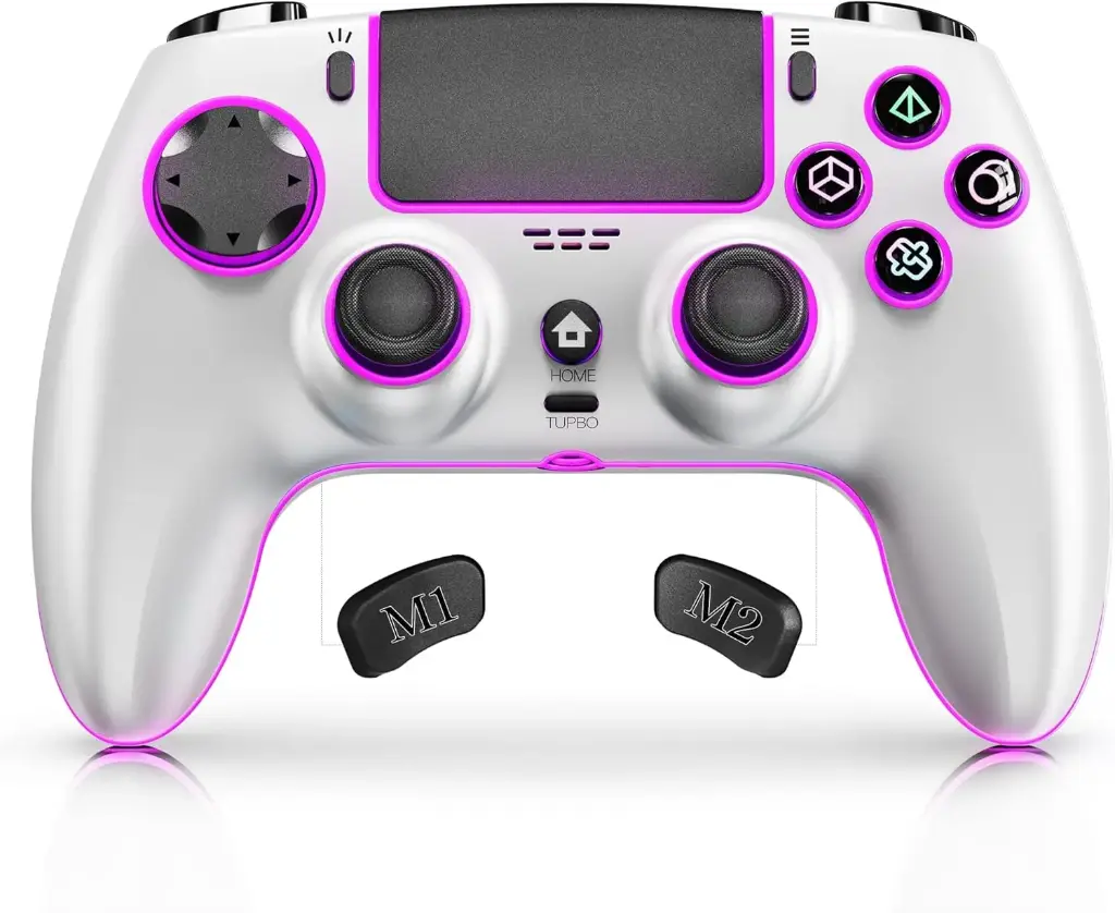 Gigamax-Plus 2025 Wireless Controller for PS4 – Gamepad Compatible with PS4, PS4 Pro, PS4 Slim and PC, with Dual Vibration, 6-Axis Gyroscope, Touchpad and RGB LED Light, Programmable M1/M2 Buttons (White-BLACK) 