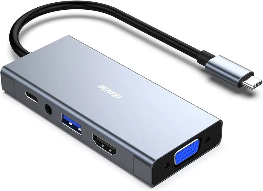 USB C HUB, BENFEI 5-in-1 USB Type-C Hub with 4K HDMI VGA, USB 3.0, 3.5mm Audio and 60W PD, Compatible with MacBook Pro 2021/2020/2019, Surface Book 2, Dell XPS 13/15, Pixelbook and More