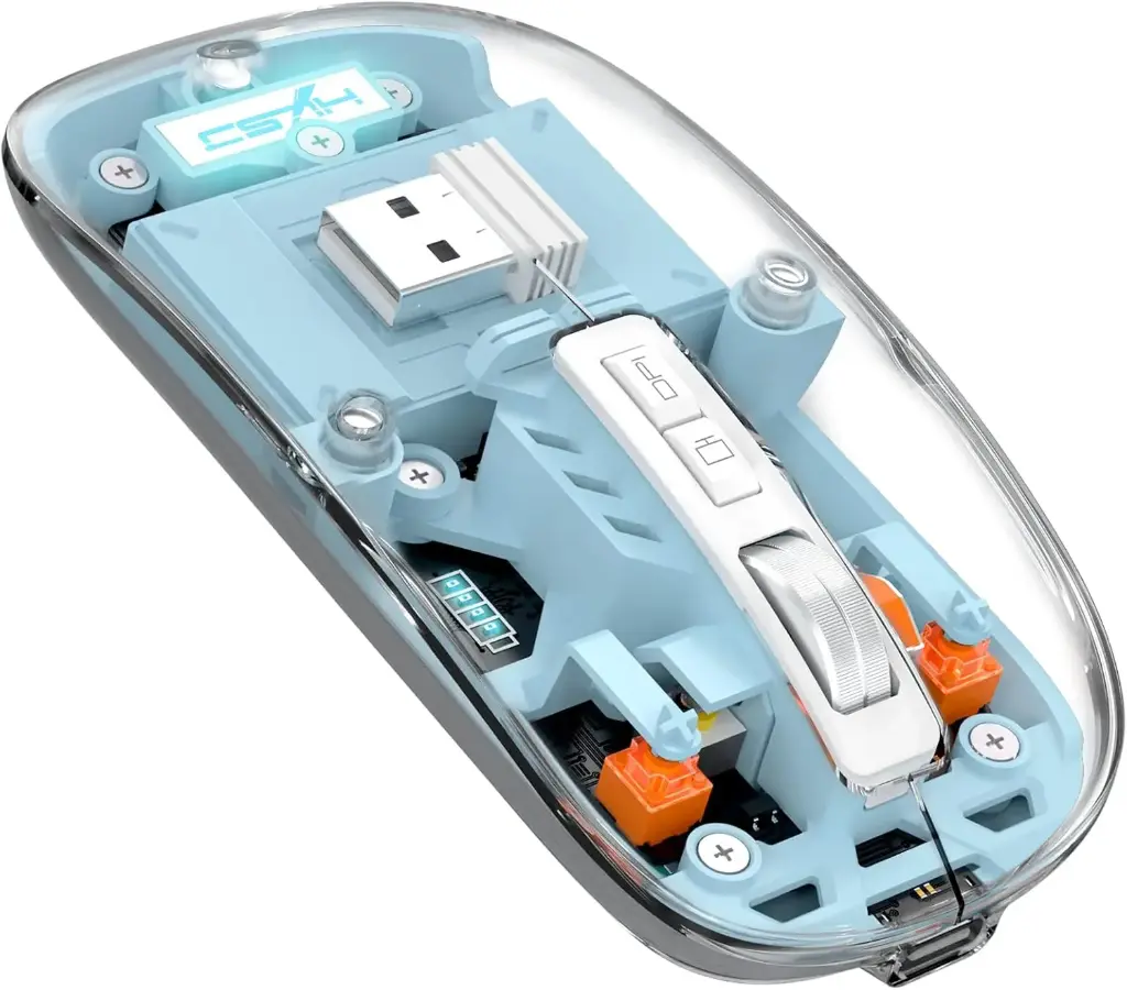 Wireless Bluetooth5.1&2.4G Mini Lightweight Mouse,Transparent Clear Cool,Rechargeable Silent Computer Mice,Nano USB C Receiver,LED Battery Magic Silm for Office/PC/Mac/Laptop/Apple/ipad(Blue)