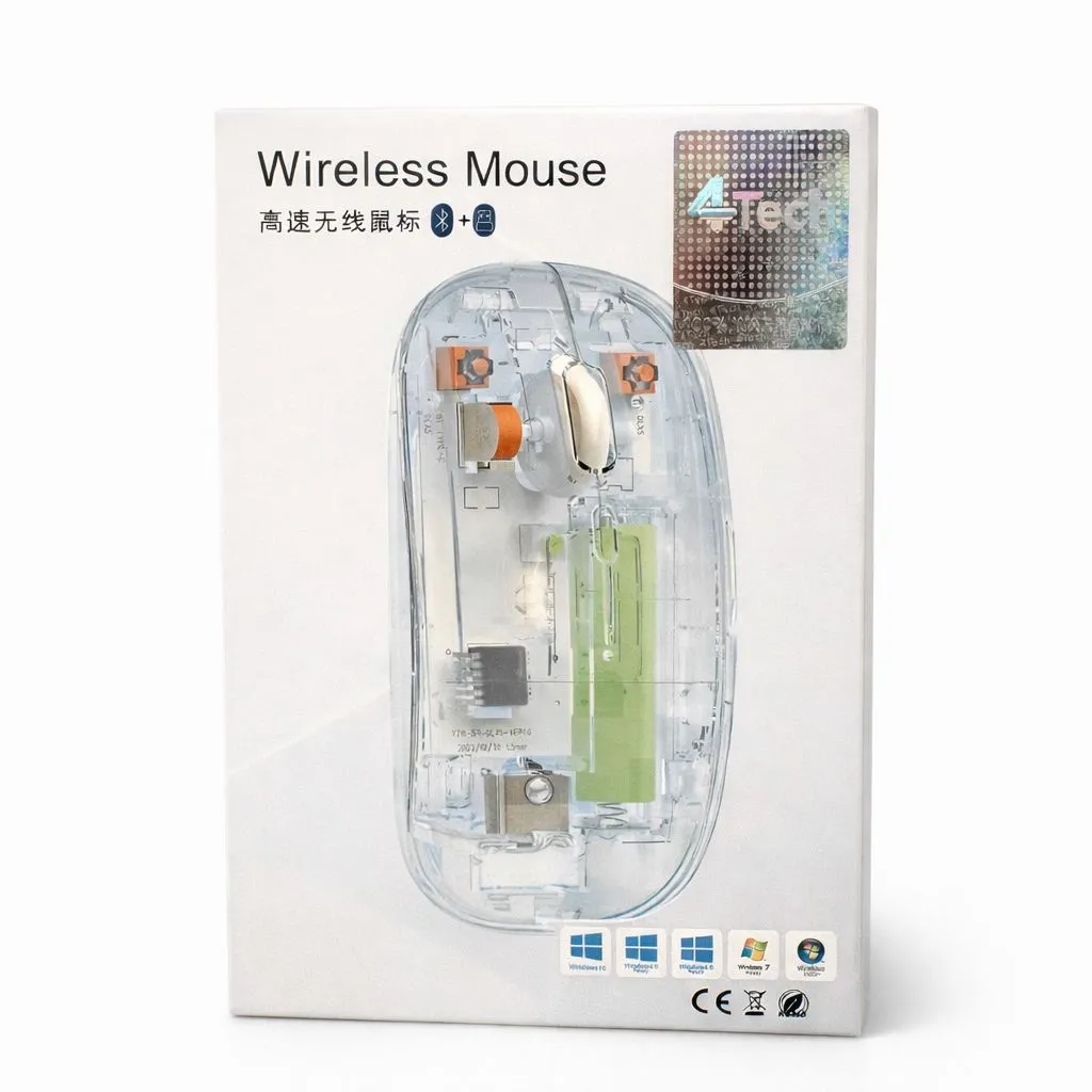 Wireless Bluetooth5.1&2.4G Mini Lightweight Mouse,Transparent Clear Cool,Rechargeable Silent Computer Mice,Nano USB C Receiver,LED Battery Magic Silm