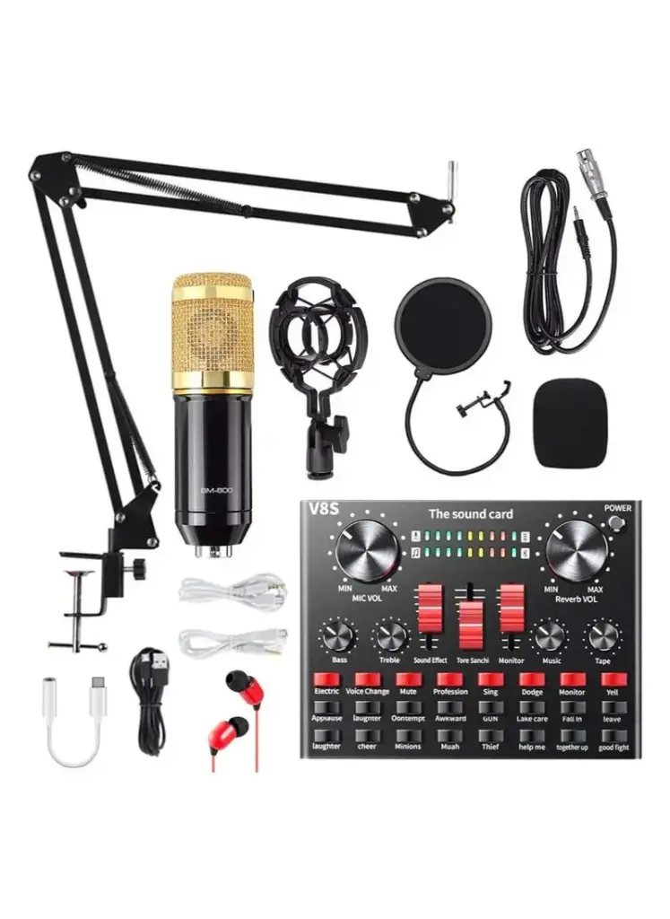 BM800 Condenser Microphone Bundle, Podcast Kit with Streaming Microphone, Live Sound Card, Adjustable Mic Stand, V8s Metal Shock Mount and Double-Layer Pop Filter for Studio Recording & Broadcasting 