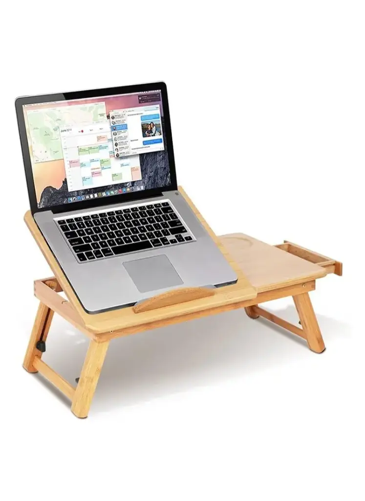 Natural Beech Wood Laptop Desk, Portable Computer Table for Bed Sofa, Folding Computer Desk Notebook Stand with Ventilation Holes, Beech Wood Breakfast Table with Drawer, Adjustable Height 17.5-25cm.