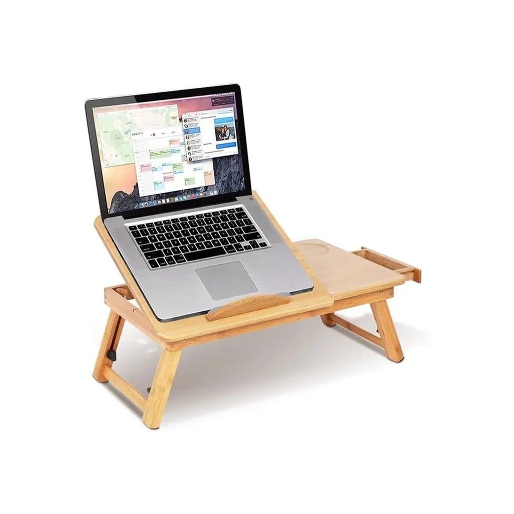 Natural Beech Wood Laptop Desk, Portable Computer Table for Bed Sofa, Folding Computer Desk Notebook Stand with Ventilation Holes, Beech Wood Breakfast Table with Drawer, Adjustable Height 17.5-25cm.