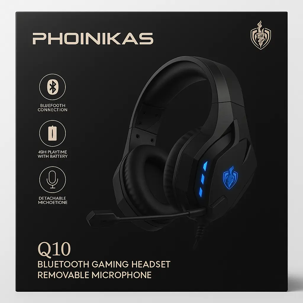 Q10 Wireless Bluetooth Gaming Headset, PHOINIKAS Stereo Over Ear Headphones with Detachable Noise Canceling Mic, 3.5mm Cable Wired for PS4, Xbox One, PC, Nintendo Switch, Bluetooth for Phone, up to 40h