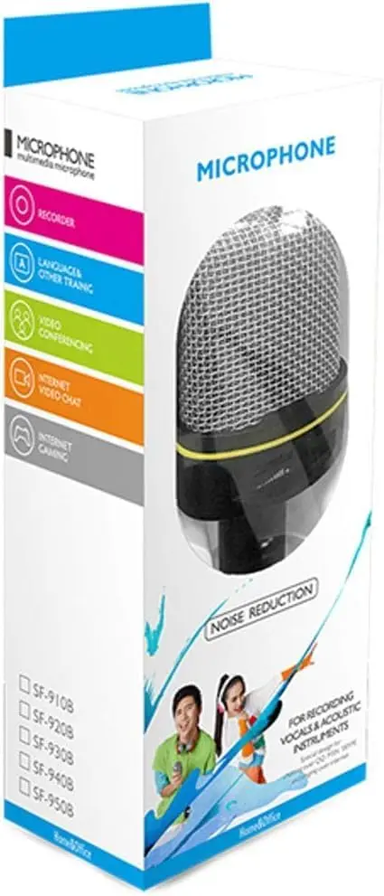 Wired AUX Microphone with Adjustable Tripod Stand, and Volume Control for Desktop, Mobile, Laptop