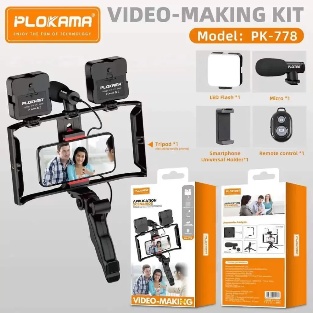 [PK-771] Plokama PK-771 Video Making 5 in 1 (Tripod - LED Flash 6.5cm - Microphone - Phone Holder - Remote Control)