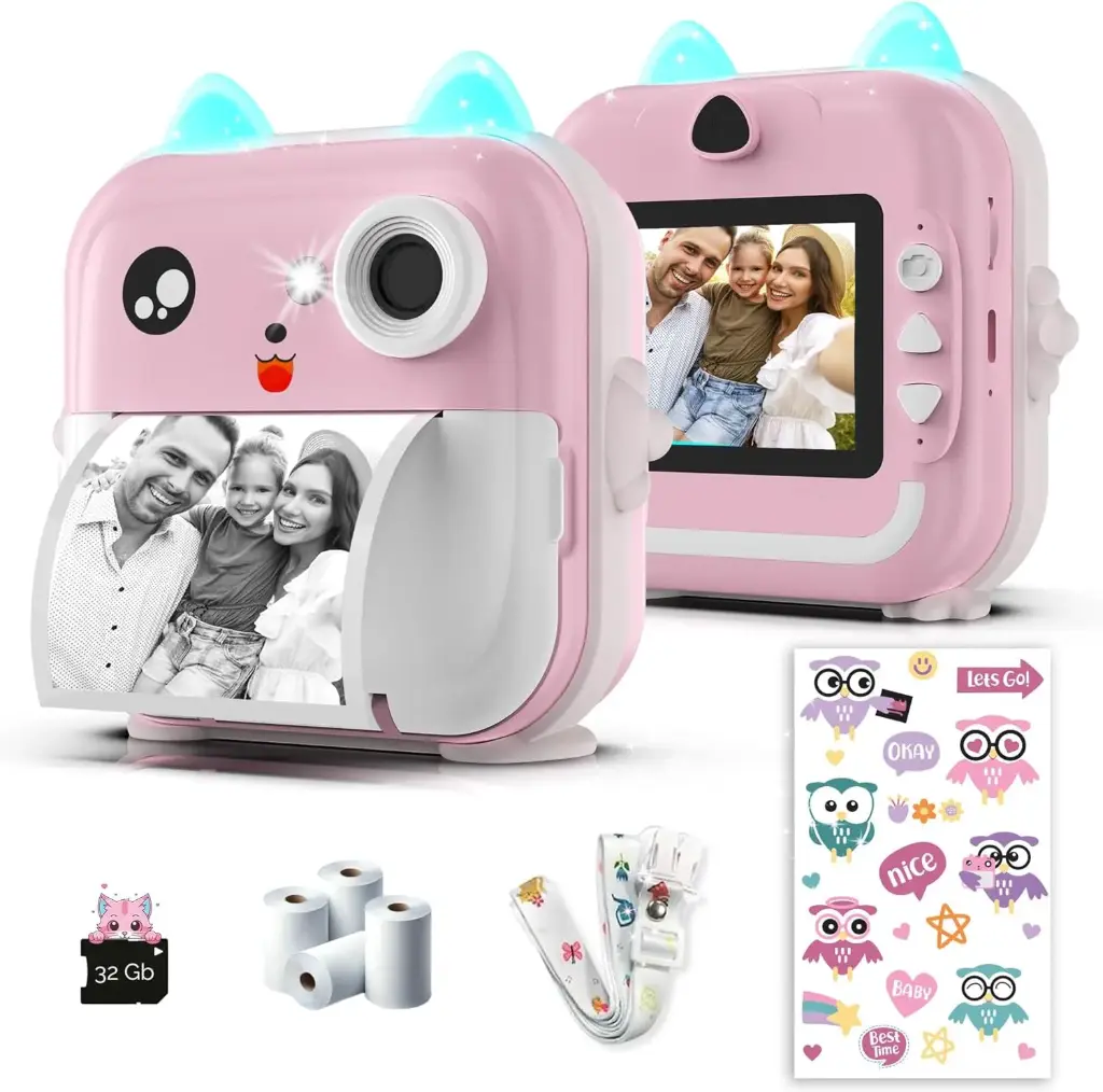 D2 Instant Print Camera for Kids - 1080P HD, 48MP, 32G Card, Bluetooth, Free App, 4 Rolls Print Paper, Stickers, Fun Filters, Gift for Boys and Girls - Pink Camera for Kids 3-12 yo