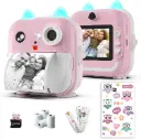 D2 Instant Print Camera for Kids - 1080P HD, 48MP, 32G Card, Bluetooth, Free App, 4 Rolls Print Paper, Stickers, Fun Filters, Gift for Boys and Girls - Pink Camera for Kids 3-12 yo