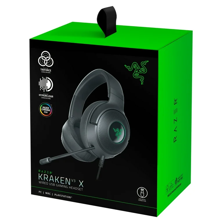 Razer Kraken V3 X Gaming Headset: 7.1 Surround Sound - Triforce 40mm Drivers - HyperClear Bendable Cardioid Mic - Chroma RGB Lighting - for PC - Classic Black