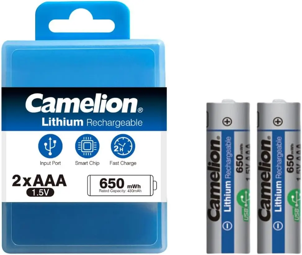 Camelion Rechargeable Lithium AAA Batteries 1.5V Li-AAA650mWh – High Performance with Type-C Fast Charging (Pack of 2)