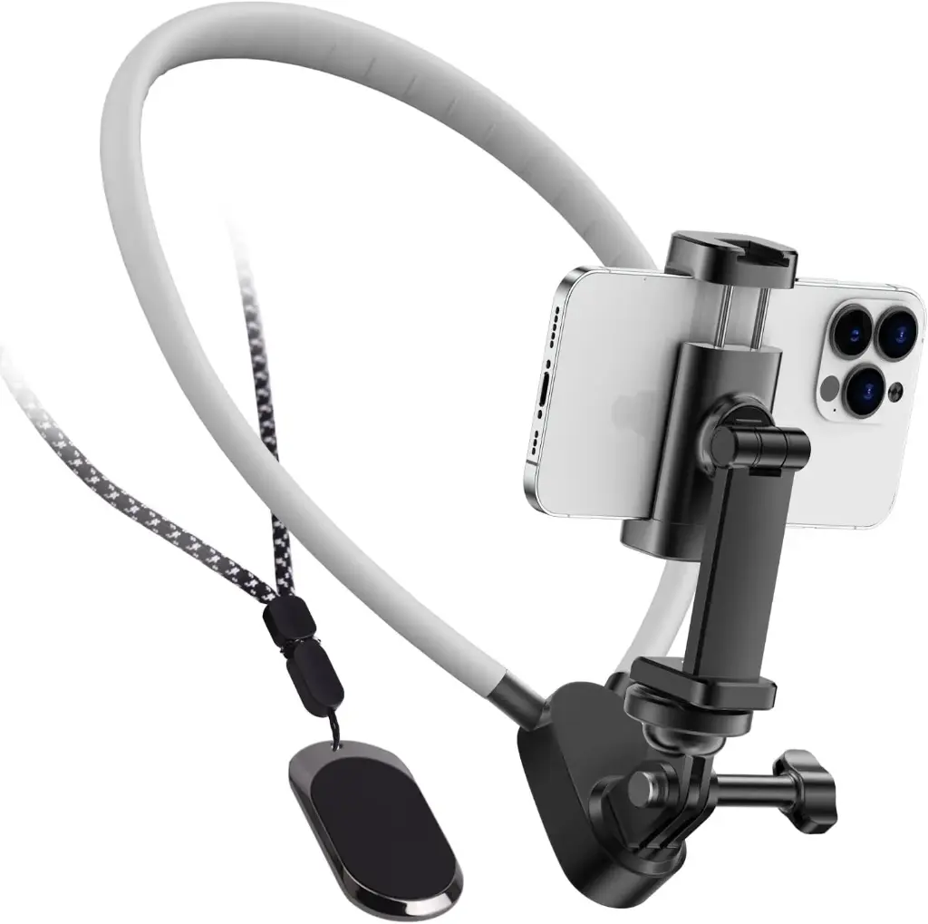 Neck Phone Holder POV/Vlog Neck Mount with Phone Clip, Hands Free Phone Neck Holder Selfie Mount Video Recording for iPhone 15 14 Pro and All Phones for Camera GoPro Insta360