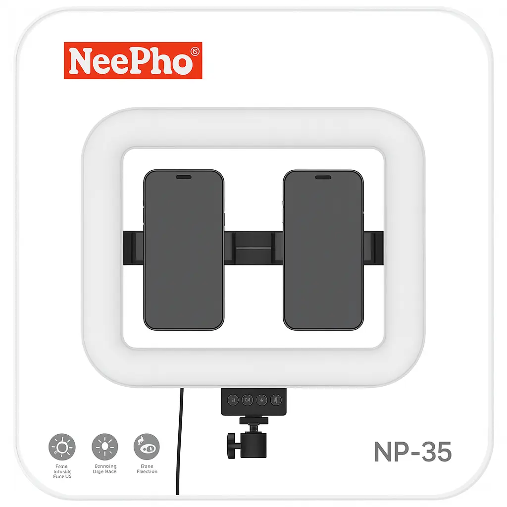 NeePho NP-35 Blogger Set – LED Ring Light with Dual Phone Holder (Fits 2 Phones), 3000-6000K, 5V/2A, 20W