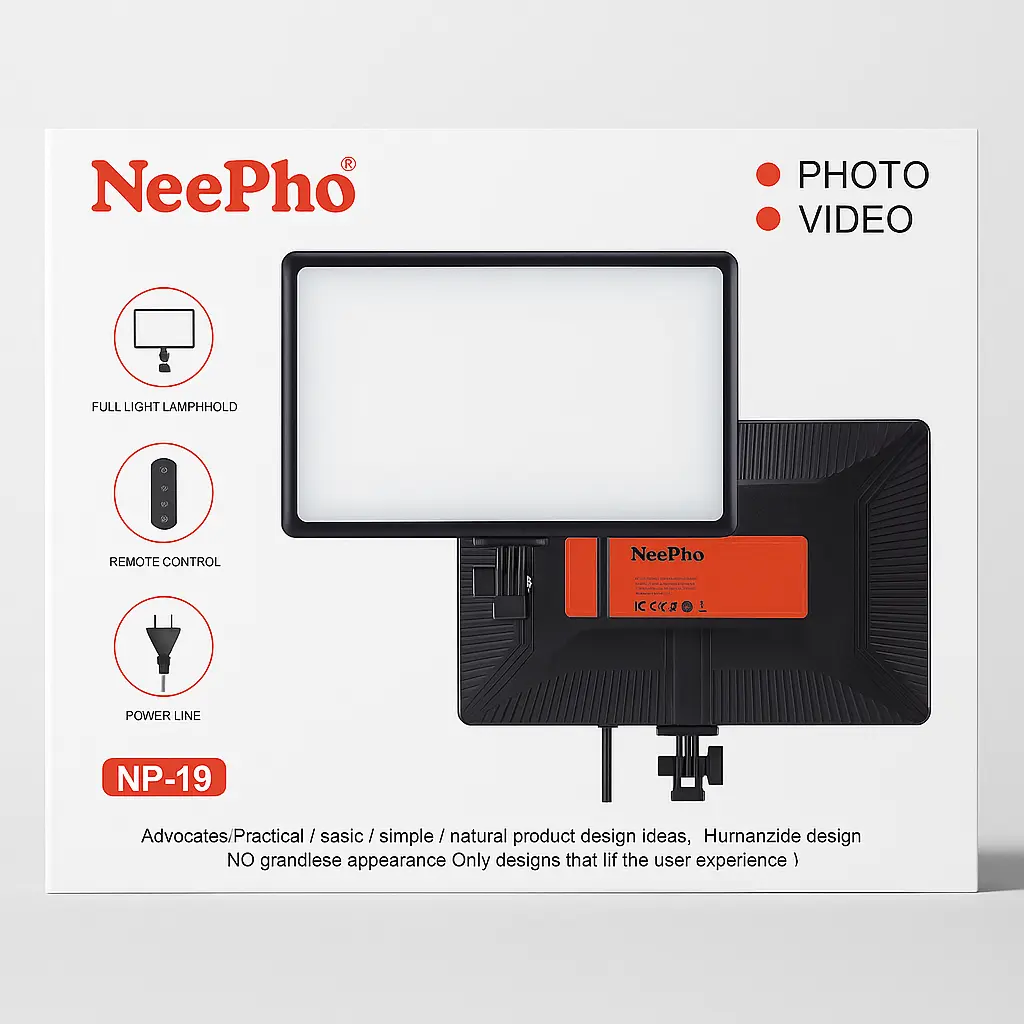 NeePho NP-19 LED Video & Photo Light Panel – Large Size, 3 Color Modes (3200K-5600K), Remote Control, Tripod Stand, Soft Eye-Care Lighting