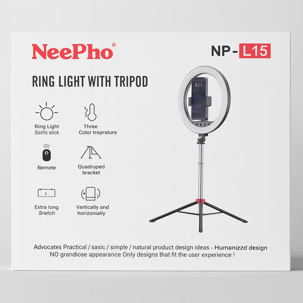 [NeePho NP-L15] NeePho NP-L15 10" LED Ring Light with Stainless Steel Tripod (33.5cm–2.1m), 3 Color Modes, Bluetooth Remote Control, Type-C Rechargeable, Compatible with iOS & Android