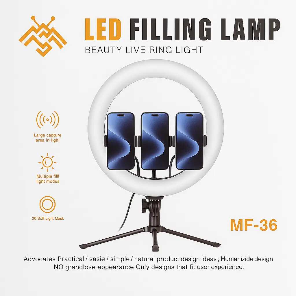 [MF-36] MF-36 14" LED Ring Light – Beauty Live Blogger Set with 3 Phone Holders, 360° Rotation, Multiple Light Modes, Soft Eye-Care Lighting