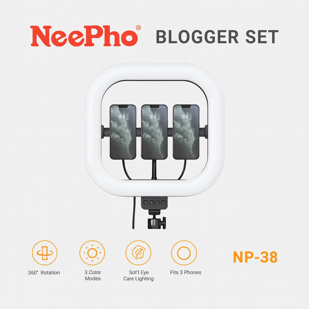 NeePho NP-38 Blogger LED Panel Light – Rectangular Fill Light with Triple Phone Holder, Adjustable Brightness (3000K-6000K), 360° Rotation, Eye Protection, AC Powered (180-240V)