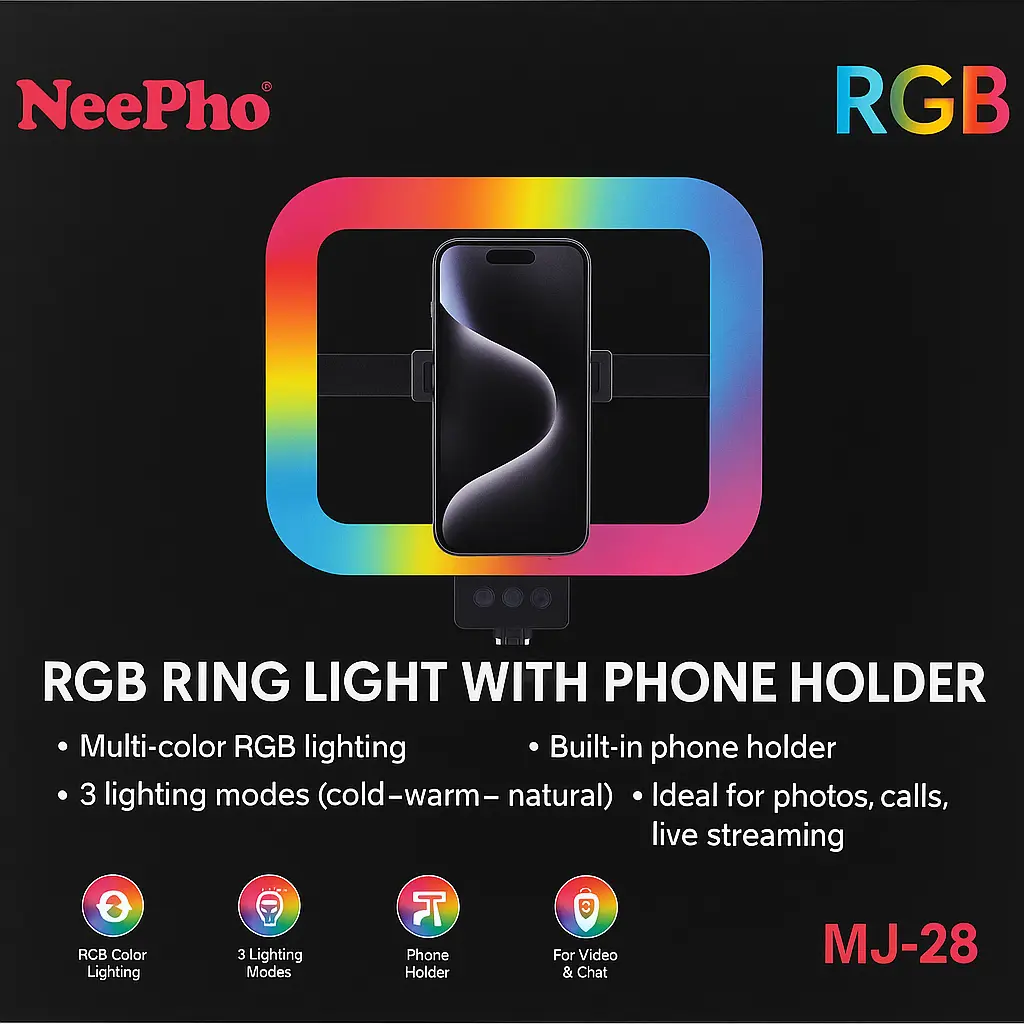 NeePho MJ-28 RGB LED Beauty Live Fill Light with Phone Holder – 3 Color Modes (White / Warm / Soft) – Adjustable Tripod Mount – Perfect for Vlogging & Live Streaming