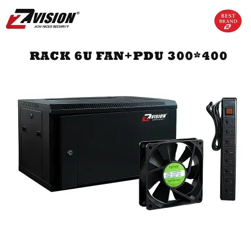 راك شبكات ZVISION 9U للحائط مع مروحة ووحدة توزيع طاقة ورف (450×400 مم)