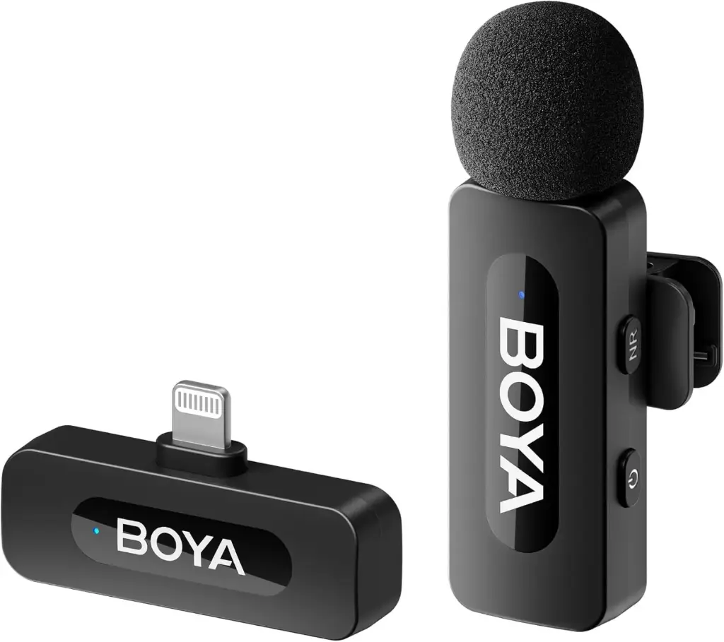 BOYA BY-V1 Ultracompact Wireless Microphone System for iOS Devices, 2.4GHz Plug & Play Lavalier Mic with Lightning Connector – Black