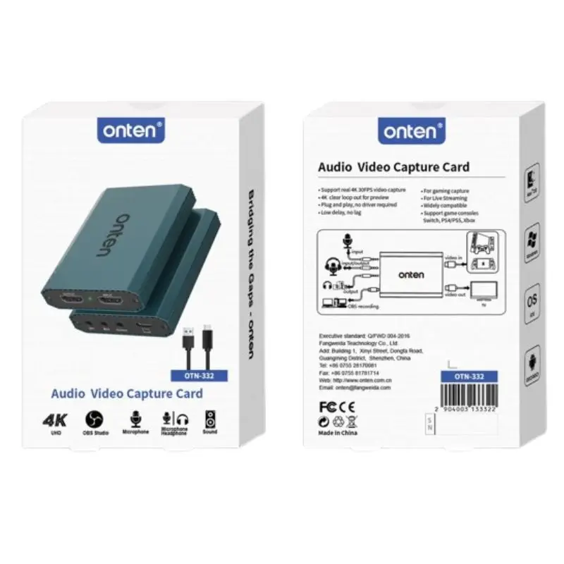 Onten OTN-332 4K HDMI Audio Video Capture Card, USB-C, Loop-Out