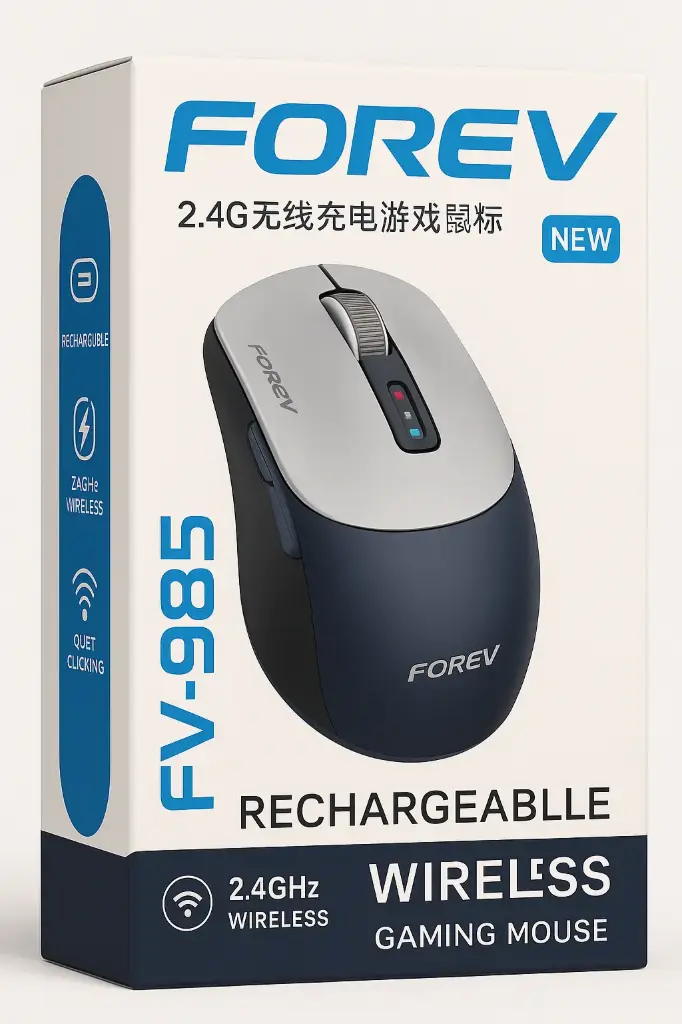 FOREV FV-985 Wireless mouse for computer and laptop, rechargeable type-C cable , 2.4 GHz , 6 button and USB Mini Receiver 1600 DPI , 10M Operating Range - for home and office use fashion design comfortable for the hand (blue-white)