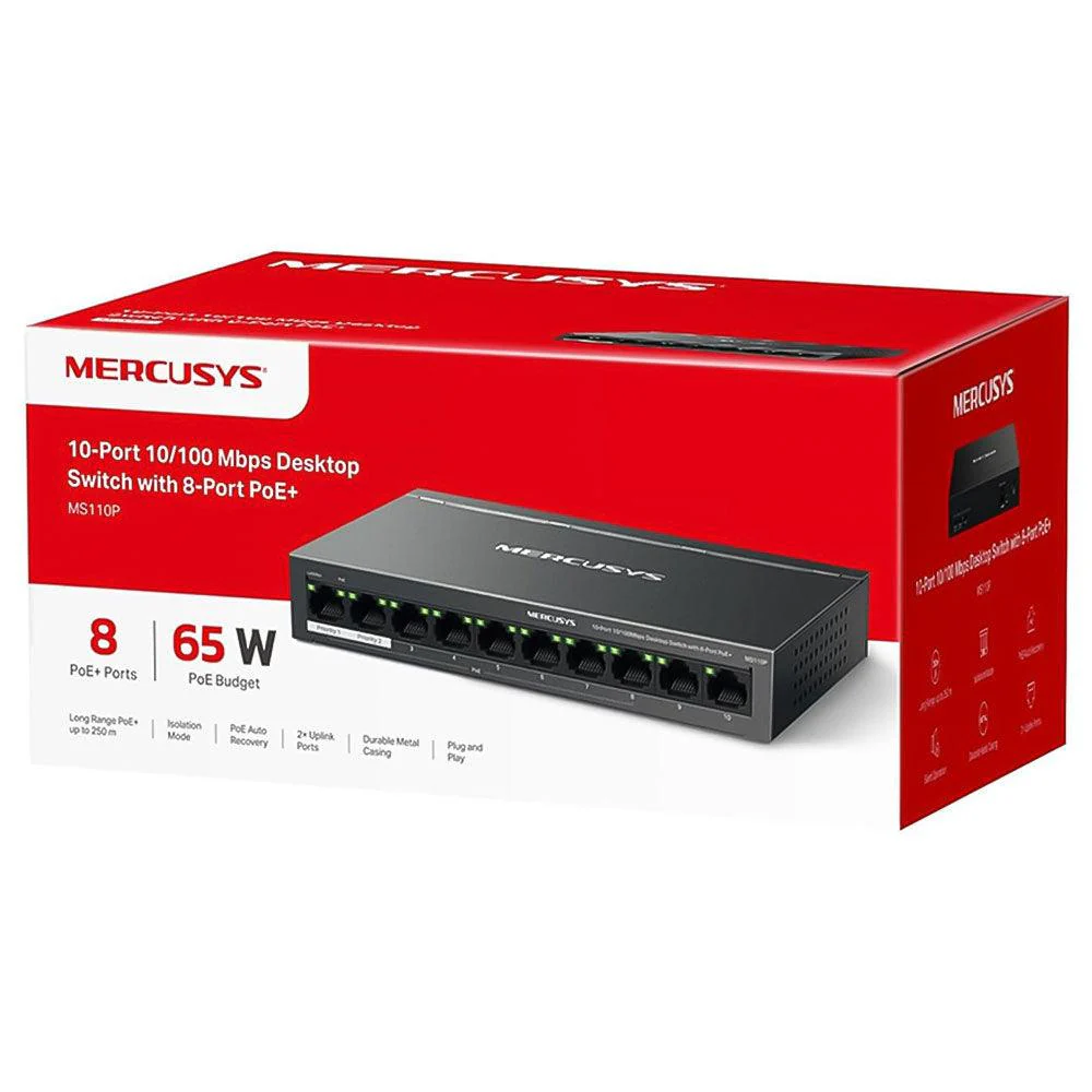 MERCUSYS 10-Port 10/100Mbps Desktop Switch with 8-Port PoE+, PoE Power Budget 65W, compatible with 802.3af/at PDs, Power management, metal case, Plug & Play, No Configuration Required MS110P