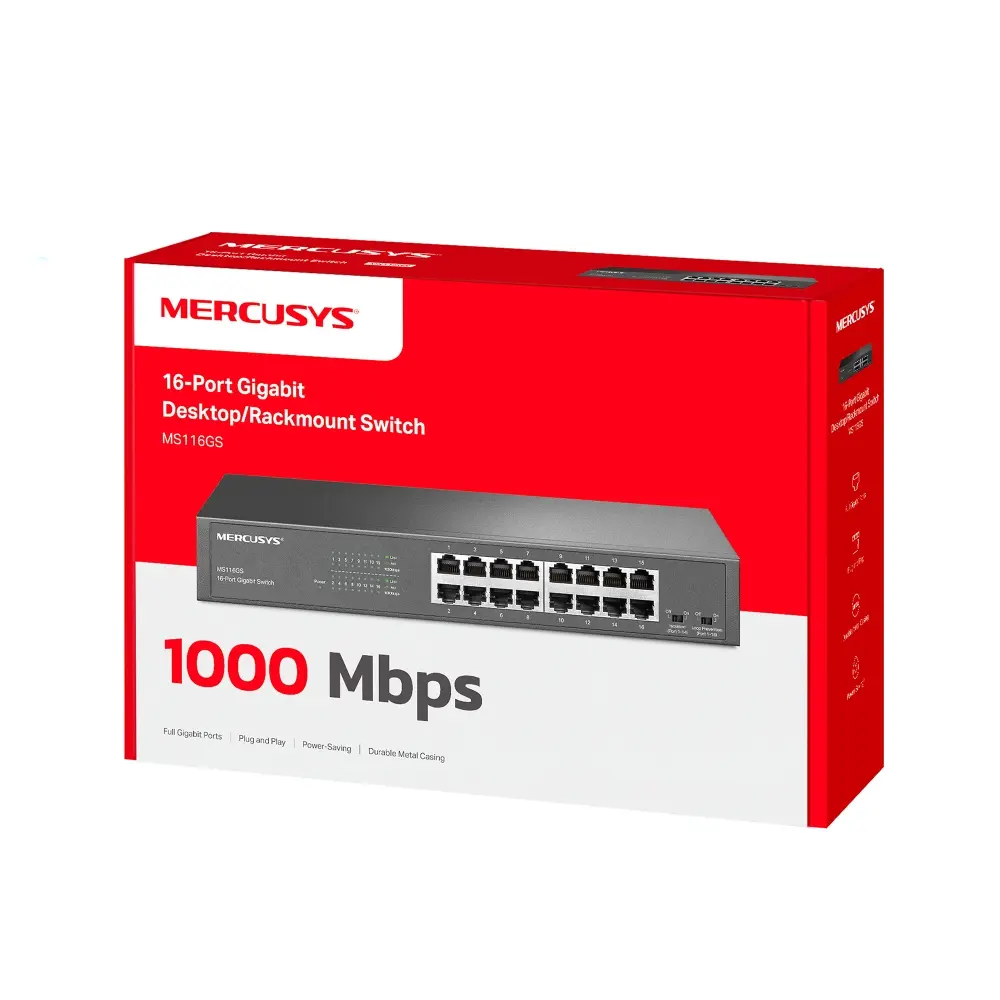 Mercusys MS116GS 16-Port Gigabit Switch, Desktop or Rack Mounting, Plug & Play, Traffic Priority, Loop Prevention, Isolation Mode, Silent Operation