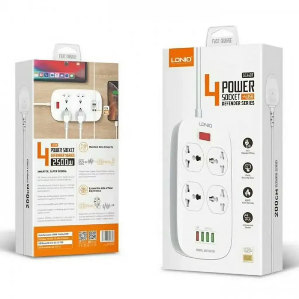 مشترك كهربائي SC4407 ديفيندر سيريز مزود بعدد 4 USB وكابل بطول 2 متر ويطابق معايير الاتحاد الاوروبي من لدنيو، لون ابيض