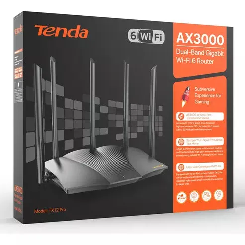 [RX12Pro] Tenda RX12Pro WiFi 6 Gaming Router, AX3000 Dual Band Gigabit Wireless Router for Home, Long Range Coverage with 5 * 6dBi High-Gain Antennas, High Speed with 4 Gigabit Ports, Support WPA3, VPN RX12Pro