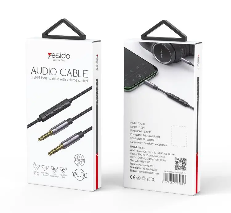 YESIDO YAU30 Wholesale Nylon Braided Splitter 3.5mm Plug With Volume Control Aux Audio Cable 