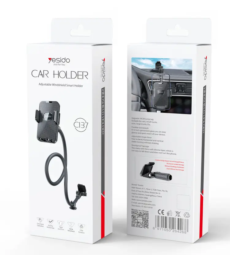 YESIDO C137 360 Arm Truck Car Adjustable Smart Phone Dash Windshield Spring Clip Phone Holder 
