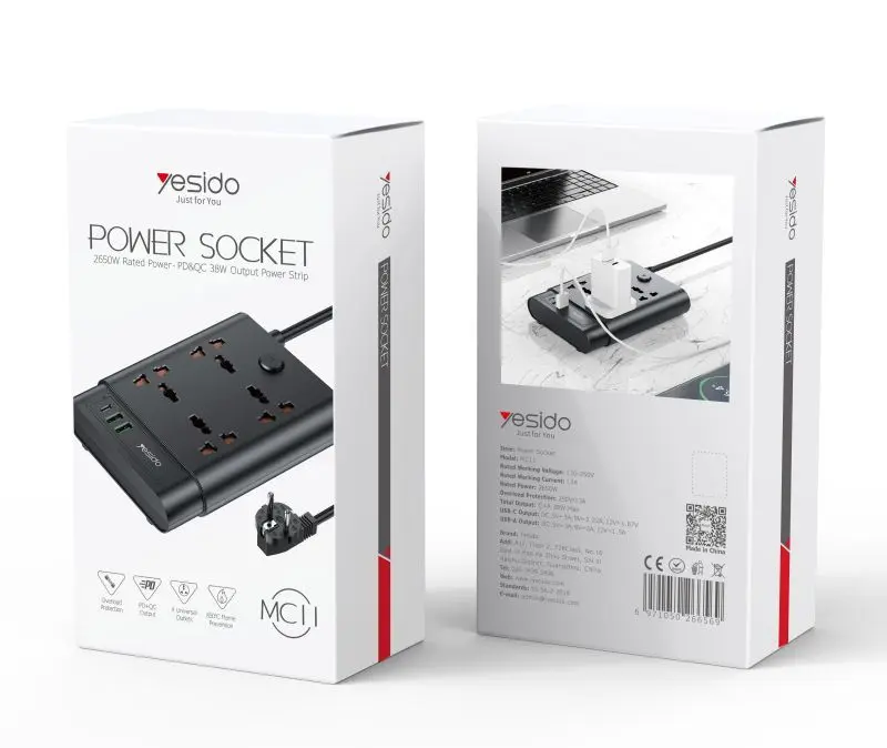 YESIDO MC08 2 Meter 4 AC Ports And 6 USB Ports Power Strip Extension Power Socket 