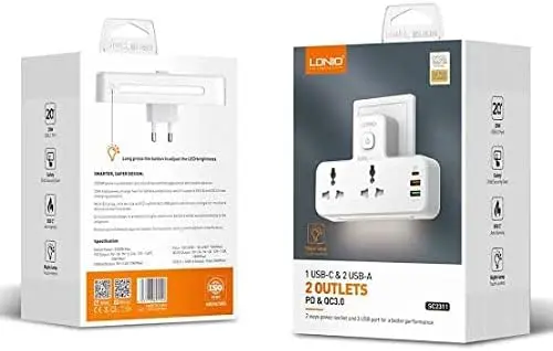 Ldnio SC2311 Portable Extension Power Strip With 2 AC Power Socket And 3 USB Port, 2500 Watt Power And Night Lamo - White 