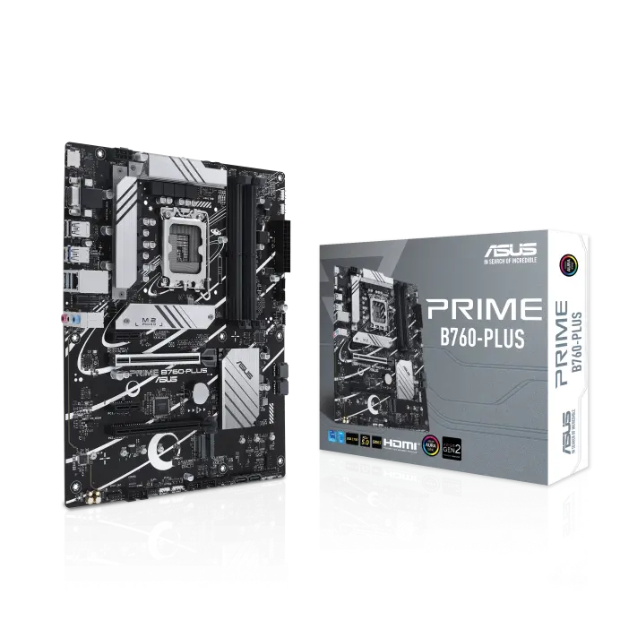ASUS Prime B760-PLUS ATX Motherboard – Intel B760, LGA 1700, DDR5, PCIe 5.0, 3x M.2 PCIe 4.0, 2.5Gb LAN, USB 3.2 Gen2x2 Type-C, HDMI, VGA, DisplayPort, Aura Sync, Thunderbolt (USB4) Support 