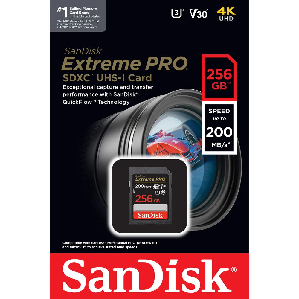 SanDisk Extreme Pro SD UHS I 256GB Card for 4K Video for DSLR and Mirrorless Cameras 200MB/s Read & 140MB/s Write, 