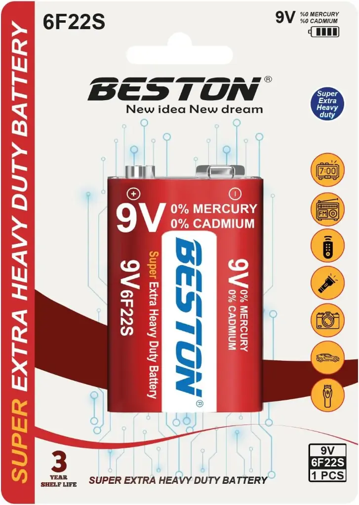 [beston 9v] Beston 9V Super Extra Heavy Duty Battery, 6F22S, Mercury, Cadmium Free, Long Lasting Power, 1 Count 