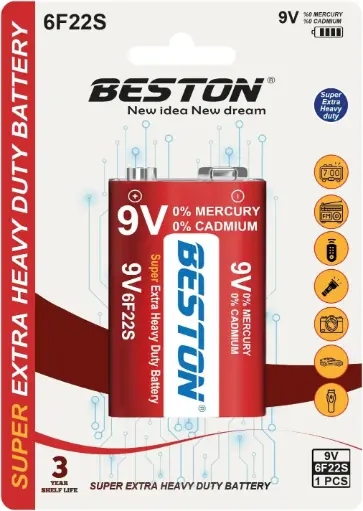 بطارية BESTON 6F22S 9 فولت فائقة التحمل — زنك كربون خالية من الزئبق والكادميوم