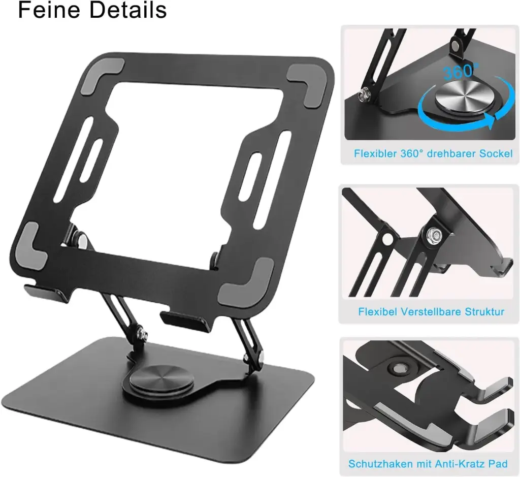 Laptop Stand with 360° Rotating Base, Height-Adjustable Laptop Stand, Ergonomic Notebook Stand, Ventilated Laptop Holder, Compatible with 10-17 Inch MacBook Pro/Air, Dell, Lenovo, Acer, Huawei