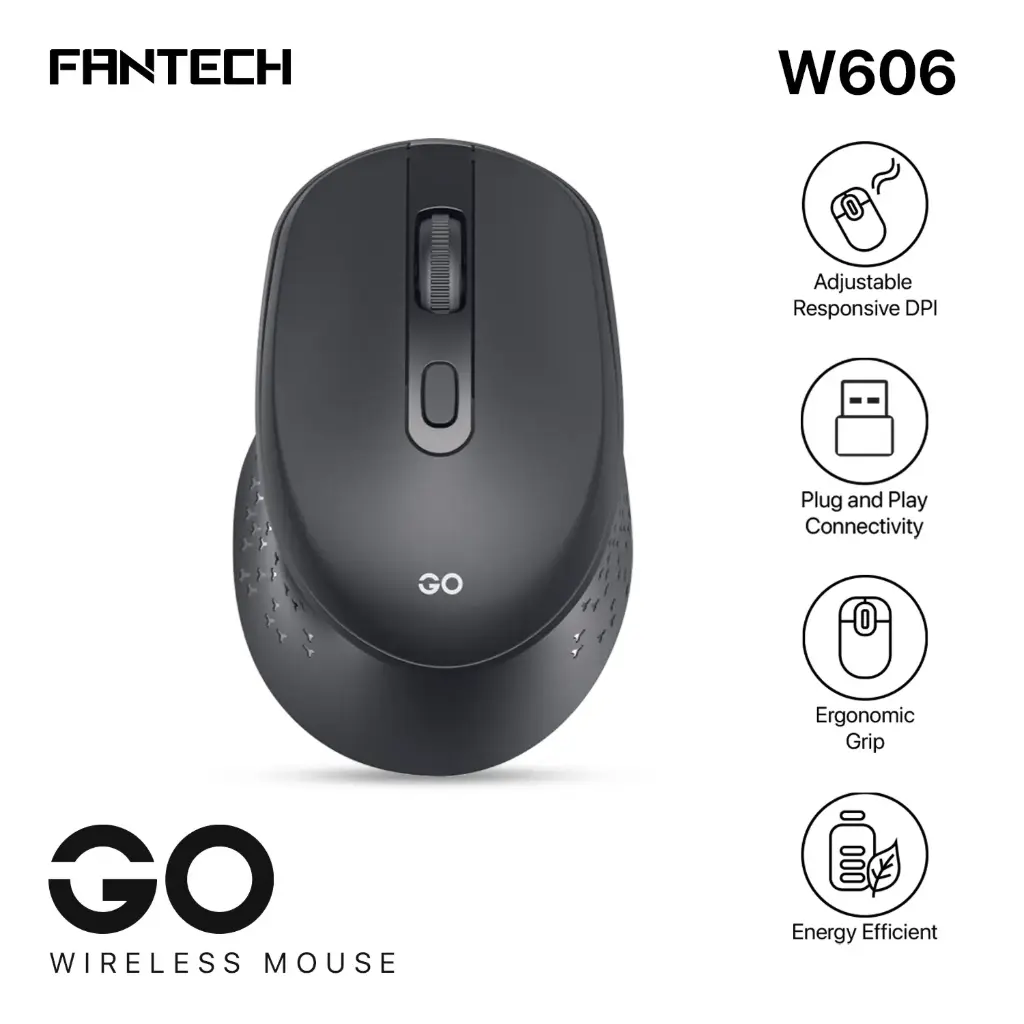 Fantech GO W605 Wireless Optical Mouse – 2.4GHz Cordless Ergonomic Mouse with 1600 DPI Sensor, Silent Clicks, Long Battery Life & USB Nano Receiver – Ideal for Work, Study, and Travel