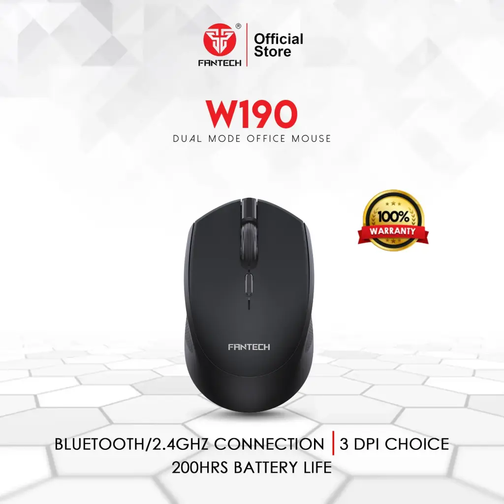 [W190] Fantech W190 Silent Switch Ambidextrous Office Black Mouse, Supports both Bluetooth & 2.4GHz wireless