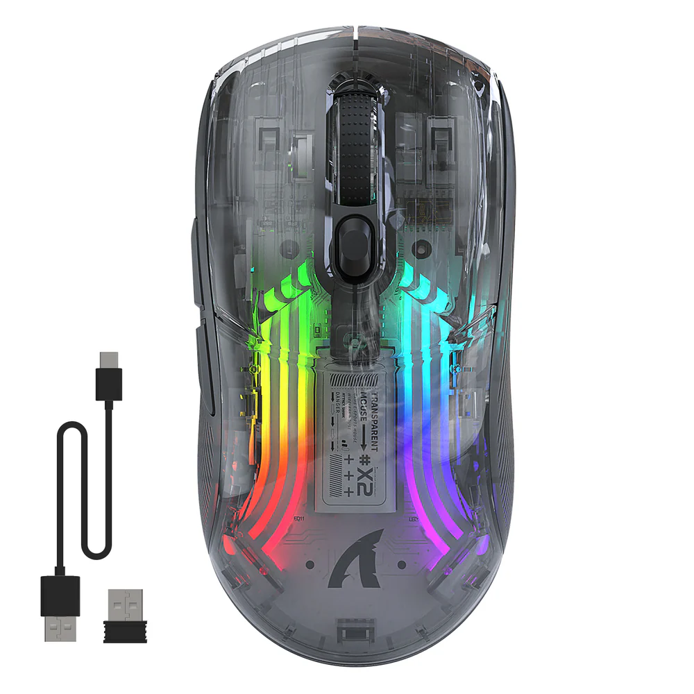 [ATTACK SHARK X2 BLACK] ATTACK SHARK X2 Wireless Gaming Mouse, Bluetooth RGB Rechargeable Mouse with Three Modes (BT5.0/2.4Ghz/Type C), 2400 DPI, Ergonomic Mouse with Transparent Shell, PC/MAC/Tablet, Black 