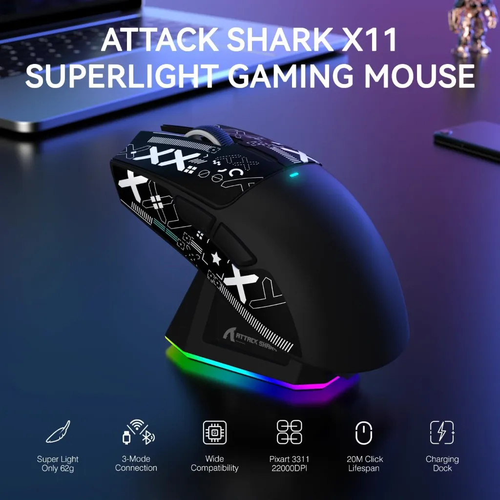 ATTACK SHARK X11 Lightweight Tri-Mode Wireless 2.4G/USB-C Wired/BT Gaming Mouse with RGB Charging Dock ,22K DPI,PAW3311 Optical Sensor (Black)